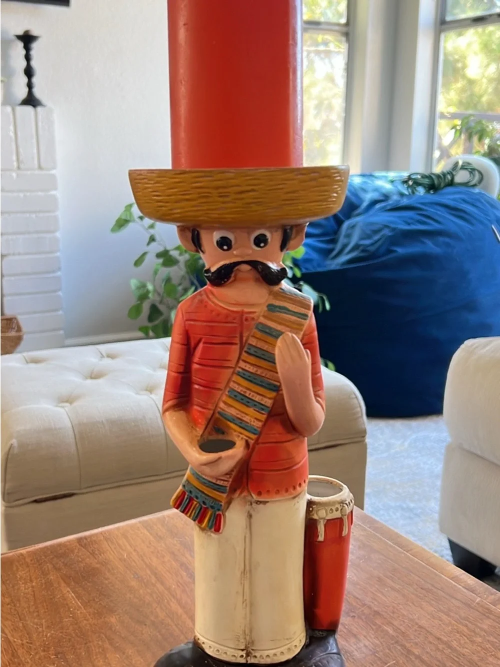 Hand-Painted Red Mexican Musician Figurine Candleholder